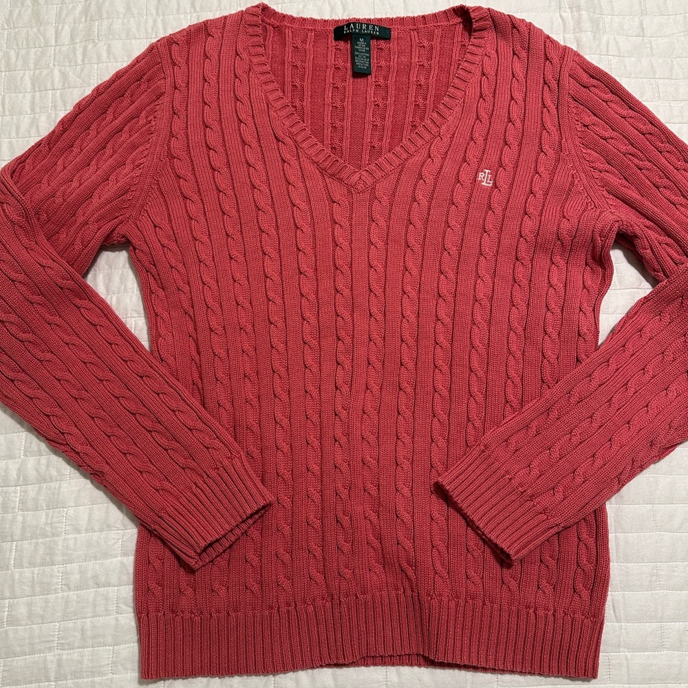 Ralph Lauren Womens V-Neck cotton cable-knit Sweater dusty pink Vintage Julianna